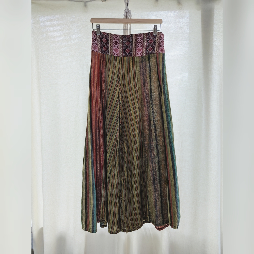 Boho Hippie Cotton Wide Leg Pants- Multicolor Stripes With Sparkle